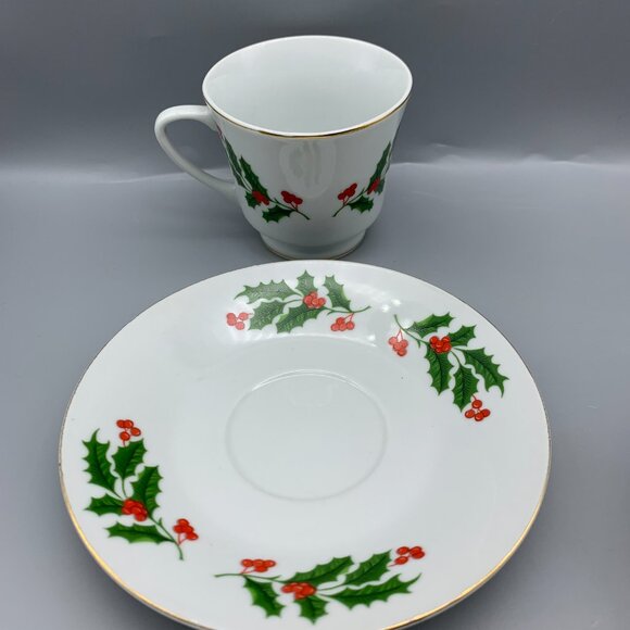 Set of White with Green Holly and Red Berries Cup & Saucer and 2 Dessert Plates - Picture 5 of 9